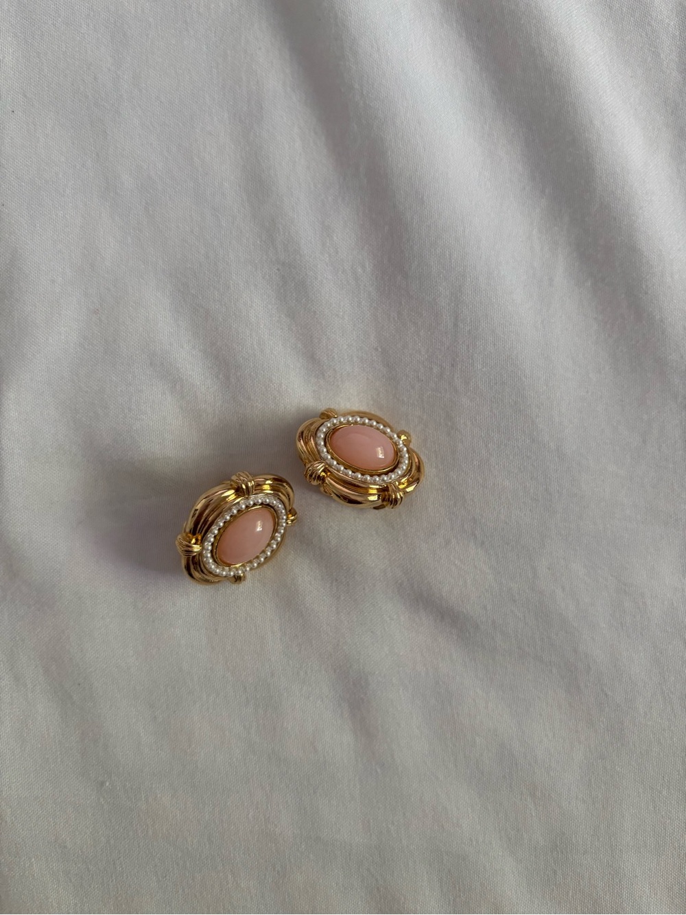 Gold-Tone Pink Cabochon Clip Earrings with Pearl Accent